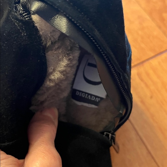 Black suede and shearling lined knee high boots with heels - Picture 10 of 16